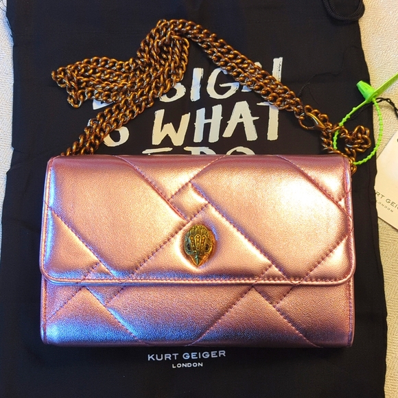 KURT GEIGER Kensington quilt LEATHER Wallet on chain METALLIC PALE PINK - Picture 1 of 4